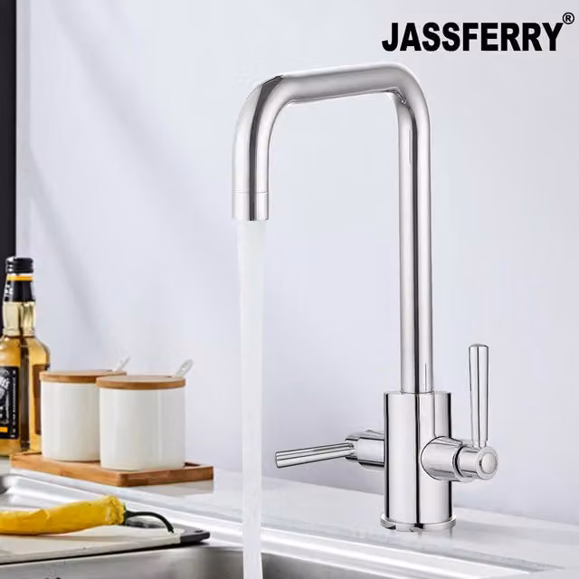 JASSFERRY Kitchen Mixer Tap with Two Handles, Swivel Spout, Chrome Silver