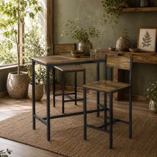 Wyld Haus Torakeno Industrial 3 Piece Bar Table and 2 Stool Set in Rustic Brown and Black – 1