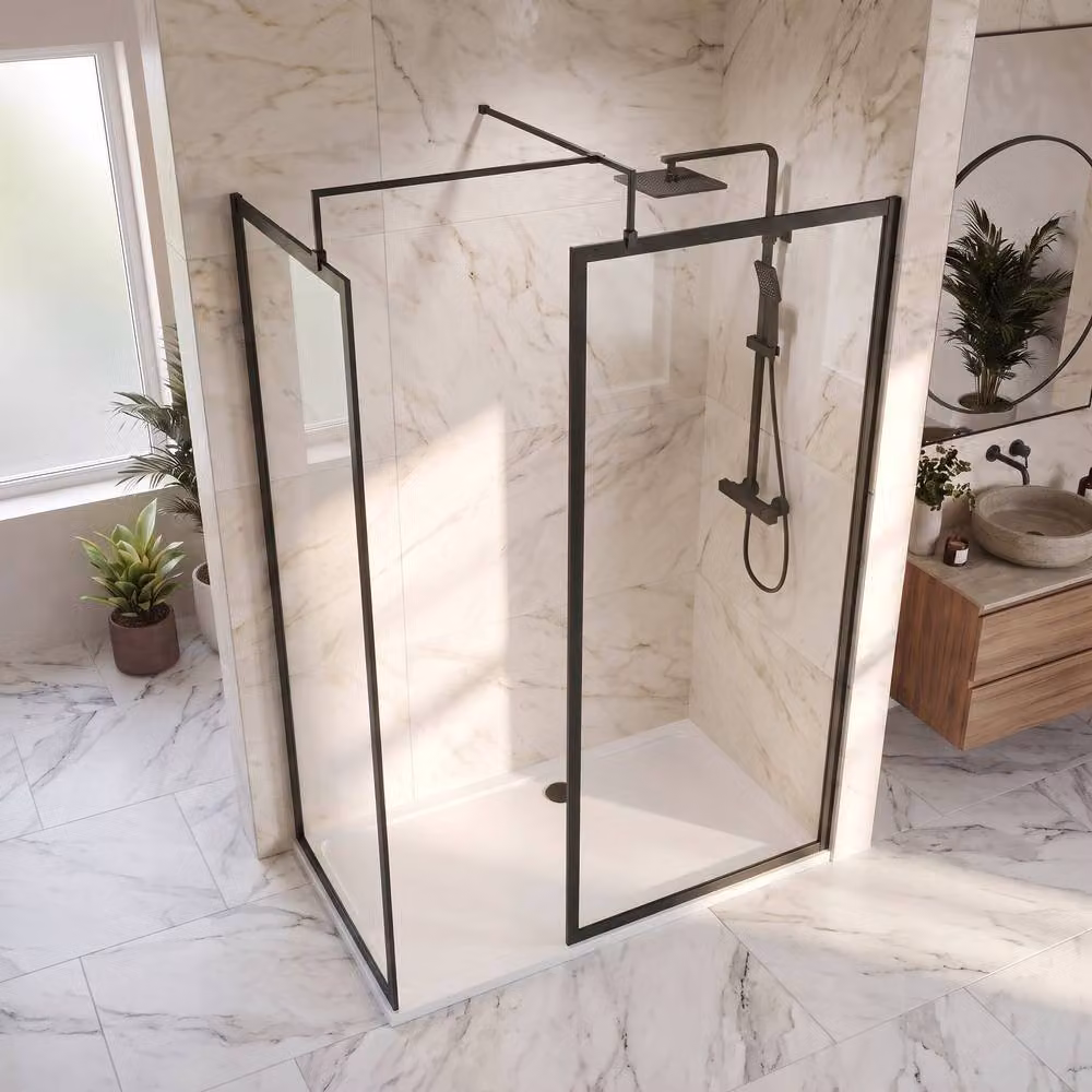 Balterley Matt Black Framed Walk-In Wetroom Bundle with Rectangular Glass Tray, W: 120 cm, D: 70 cm – 2