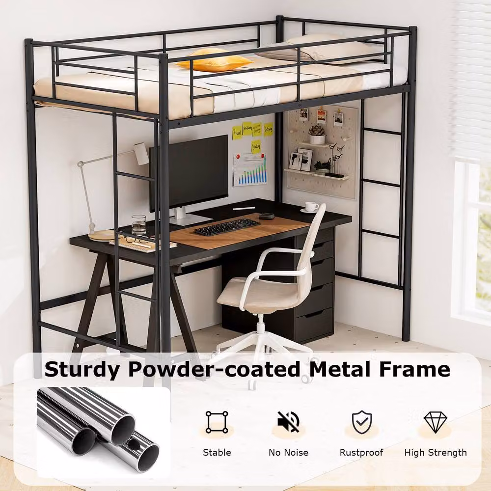 Gymax Metal Loft Bed Frame with Safety Guardrail in Black – 5