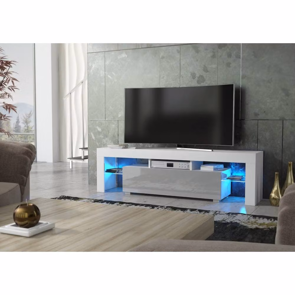 Mex Furniture LTD Aria TV Unit in White and Grey Gloss with LED Lights, W: 160 cm, D: 35 cm, H: 45 cm – 2
