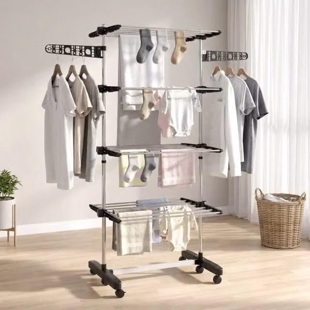 STILVORA Foldable Stainless Steel Clothes Airer with 4 Shelves, Side Arms and Wheels in Black