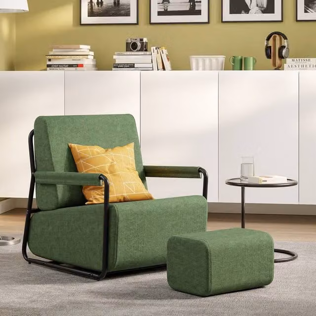 SoBuy Modern Convertible Armchair with Ottoman in Dark Green Ribbed Fabric – 1