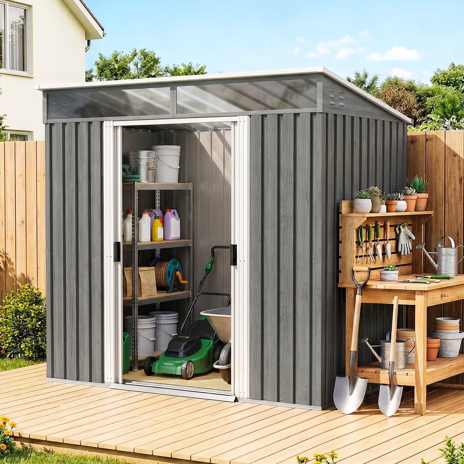Outsunny Galvanised Metal Garden Shed with Foundation Kit, Lockable Tool Shed with Double Sliding Doors and Vents, Light Grey Wood Effect – 2
