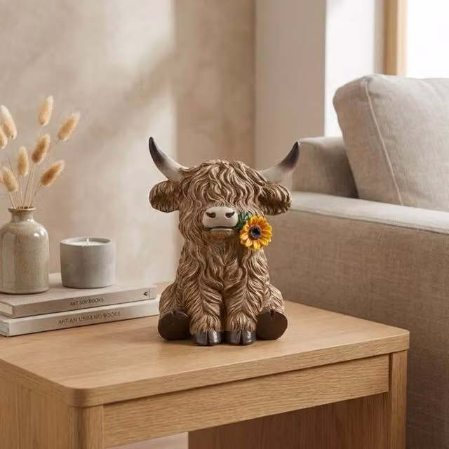 Garden Greatness Floral Highland Cow Ceramic Tabletop Ornament in Brown, Yellow and Multicolour