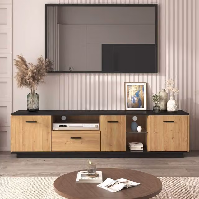 Rolipo Modern Black and Wood TV Stand with Integrated LED Lights, W: 180 cm, D: 45 cm, H: 37 cm – 1