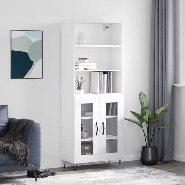 Berkfield Home Modern White Highboard with Glass Doors, W/D/H: 69.5 x 34 x 180 cm