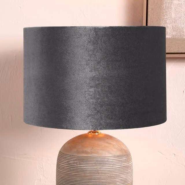 Ruma Grey Velvet Drum Lampshade for Table Lamps, Diameter: 35.56 cm – 1