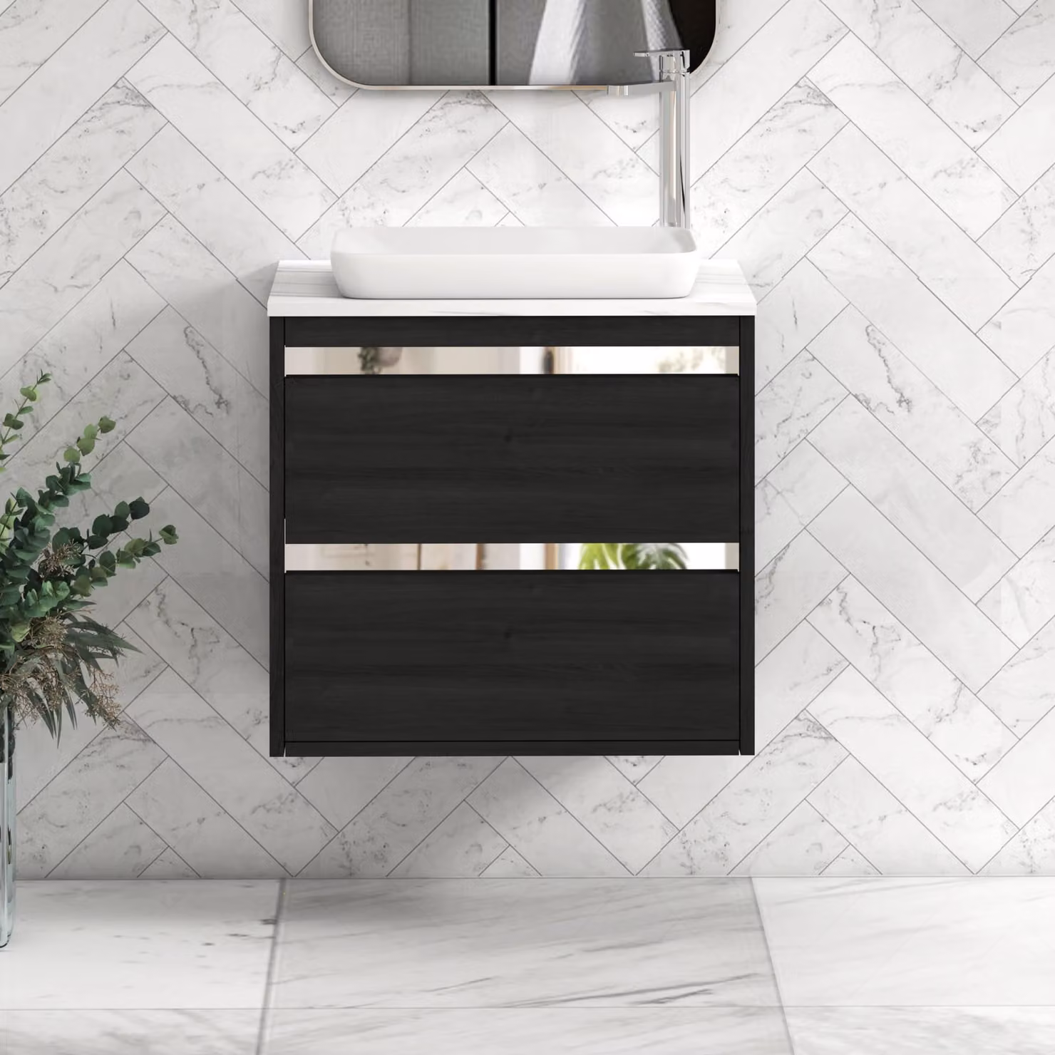 Royal Bathrooms Orion 600mm Hale Wall Hung Vanity Unit in Black with Carrara White Qubix Basin and Chrome Accent Trim