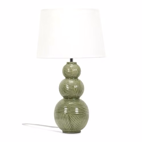 ValueLights Green Ceramic Stacked Balls Table Lamp with White Tapered Fabric Shade and Warm White Bulb – 1
