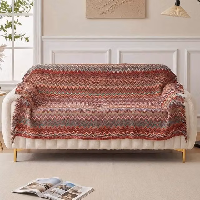 NESTLUNE Red Wave Striped Knitted Throw Blanket, W: 125 cm, L: 190 cm – 1