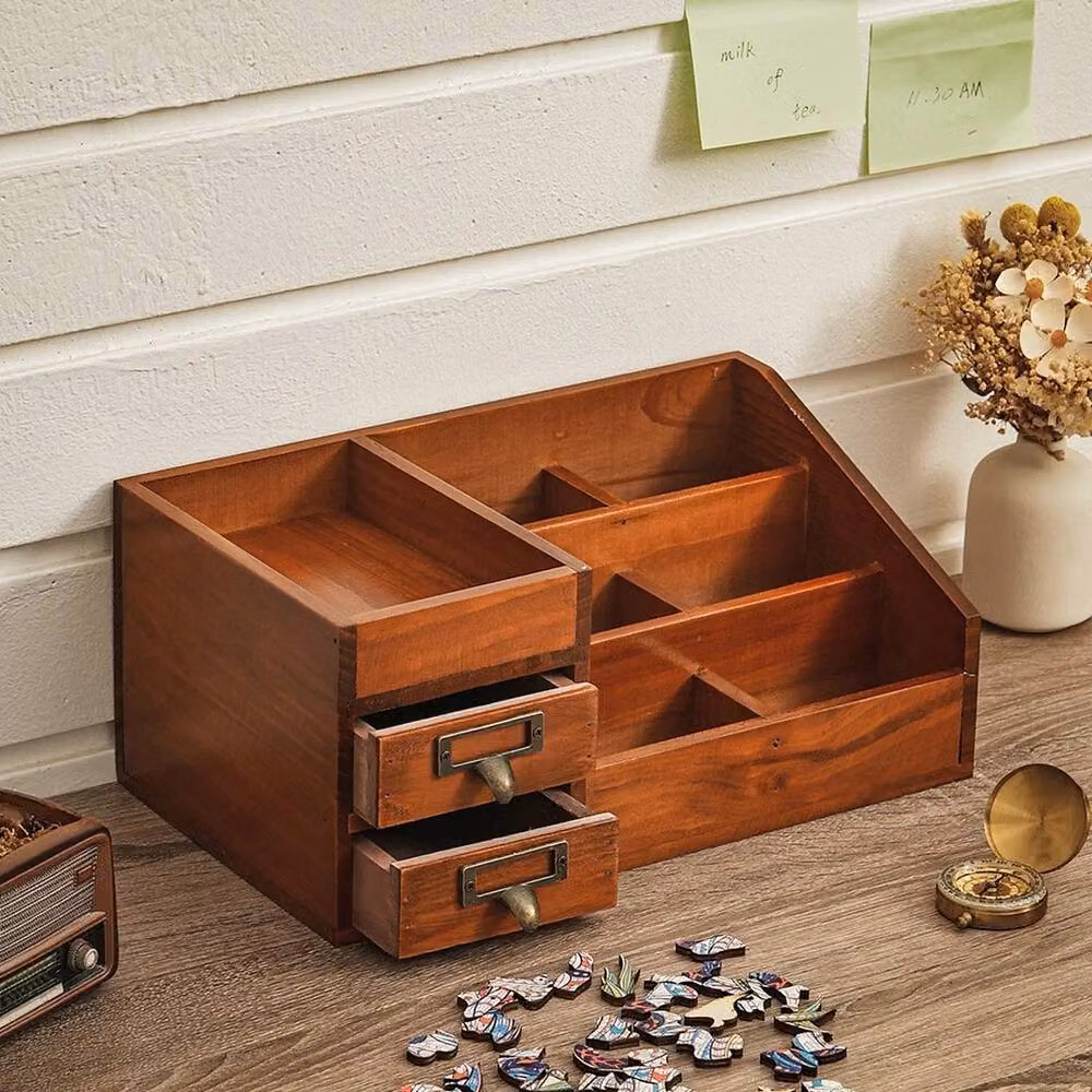 VOGREX Vintage Solid Wood Desktop Makeup Storage Box in Brown – 2