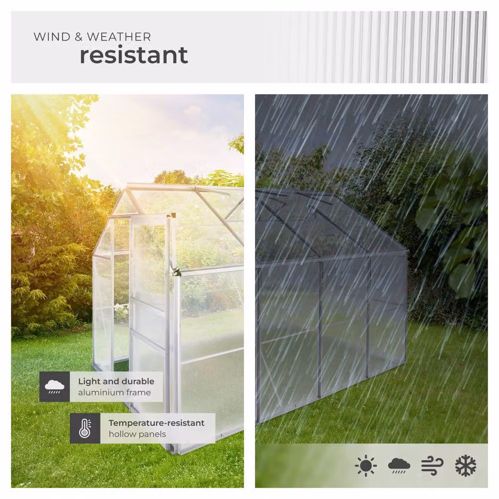 tectake Aluminium Greenhouse with Foundation and Polycarbonate Windows, Silver/Transparent, W: 250 cm, D: 185 cm, H: 195 cm – 3