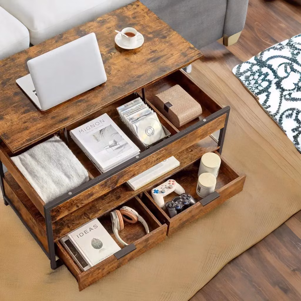Rafaelo Mobilia Industrial Lift Top Coffee Table with Drawers in Rustic Brown and Black – 2