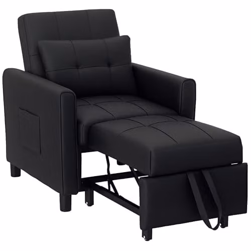 HOMCOM Compact Single Convertible Sleeper Chair Bed in Black with Adjustable Backrest and Side Pockets – 1