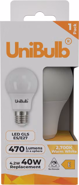 UniBulb LED GLS E27 Warm White Bulb 470lm 2700K