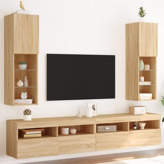 Berkfield Home Set of 2 Modern TV Cabinets with LED Lights in Sonoma Oak Brown, W/D/H: 30.5 x 30 x 102 cm