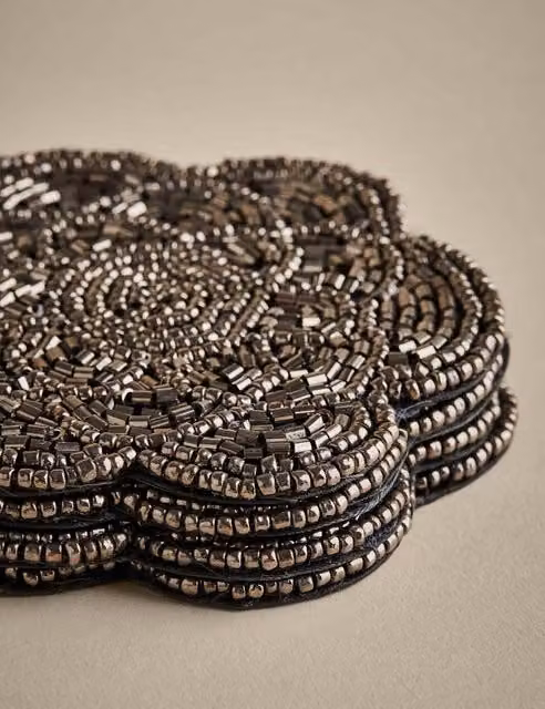 M&S Set of 4 Beaded Scallop Glass Coasters in Charcoal Grey