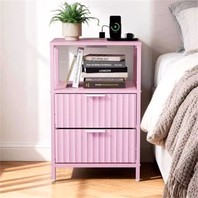 VOGREX Pink Bedside Table with 2 Drawers and Charging Station
