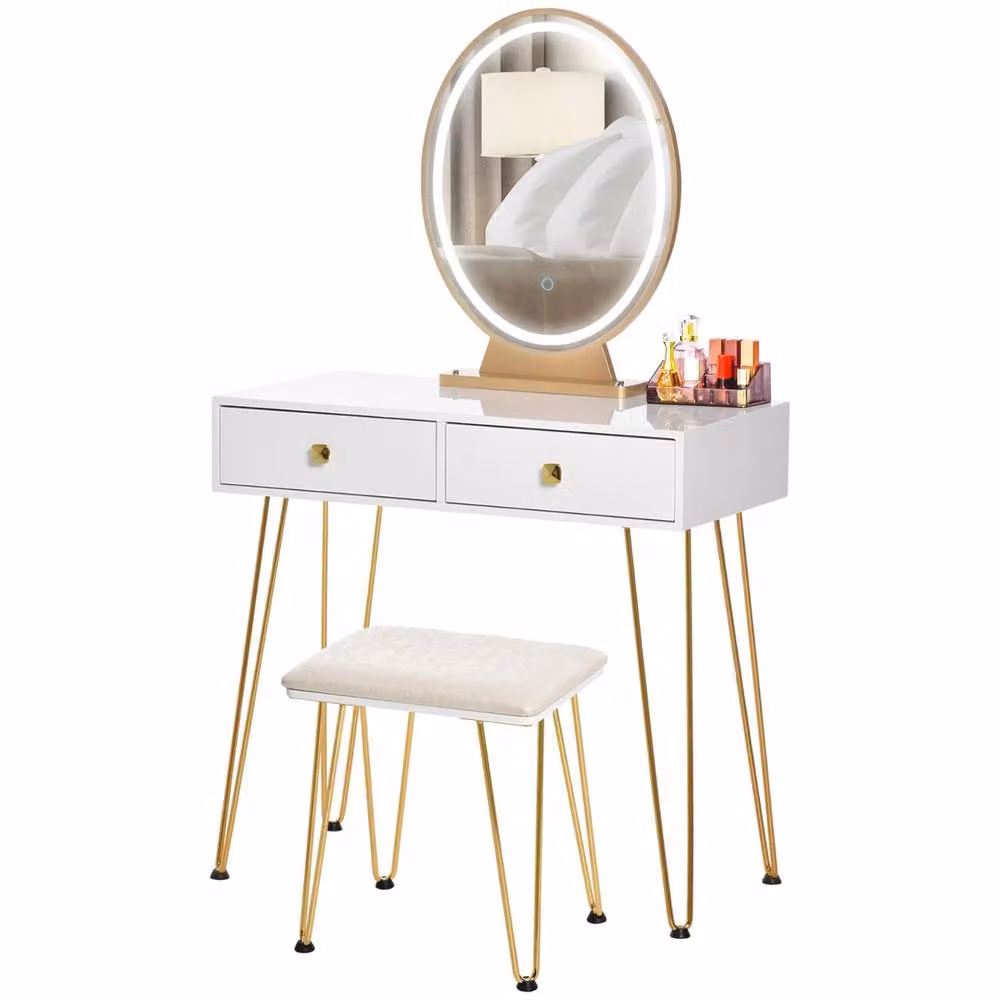 Pirlo Plush 2 Drawer Dressing Table with LED Mirror and Stool in White and Gold, W/D/H: 136 x 80 x 40 cm – 2