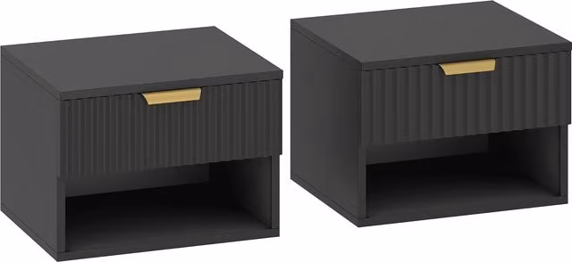 HOMCOM Set of 2 Modern Wall Mounted Floating Nightstands in Matt Black and Gold with Soft Close Drawers – 1