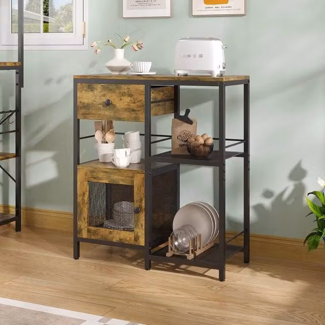 KORVIXA Brown Wood Kitchen Bakers Rack and Coffee Bar Cabinet with Drawer