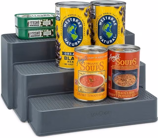YouCopia ShelfSteps 3-Tier Can Organiser in Grey and Blue