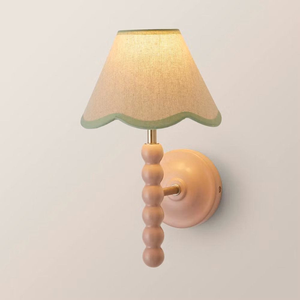 ValueLights Bobbins Pink Wall Light with Green Fabric Scallop Shade and LED Bulb – 2