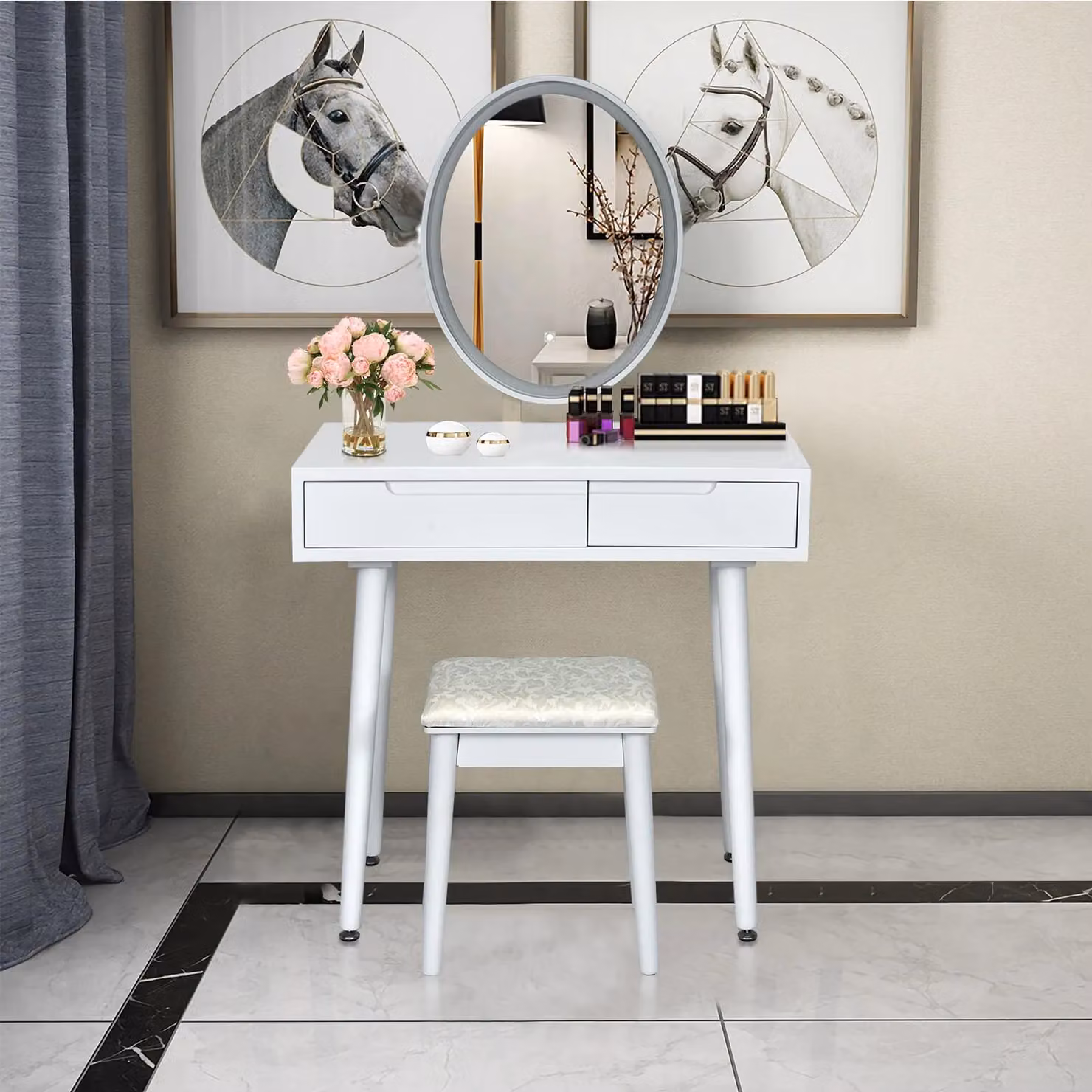 Costway Modern White Vanity Table Set with Hollywood LED Lighted Mirror and Rubberwood Construction – 6
