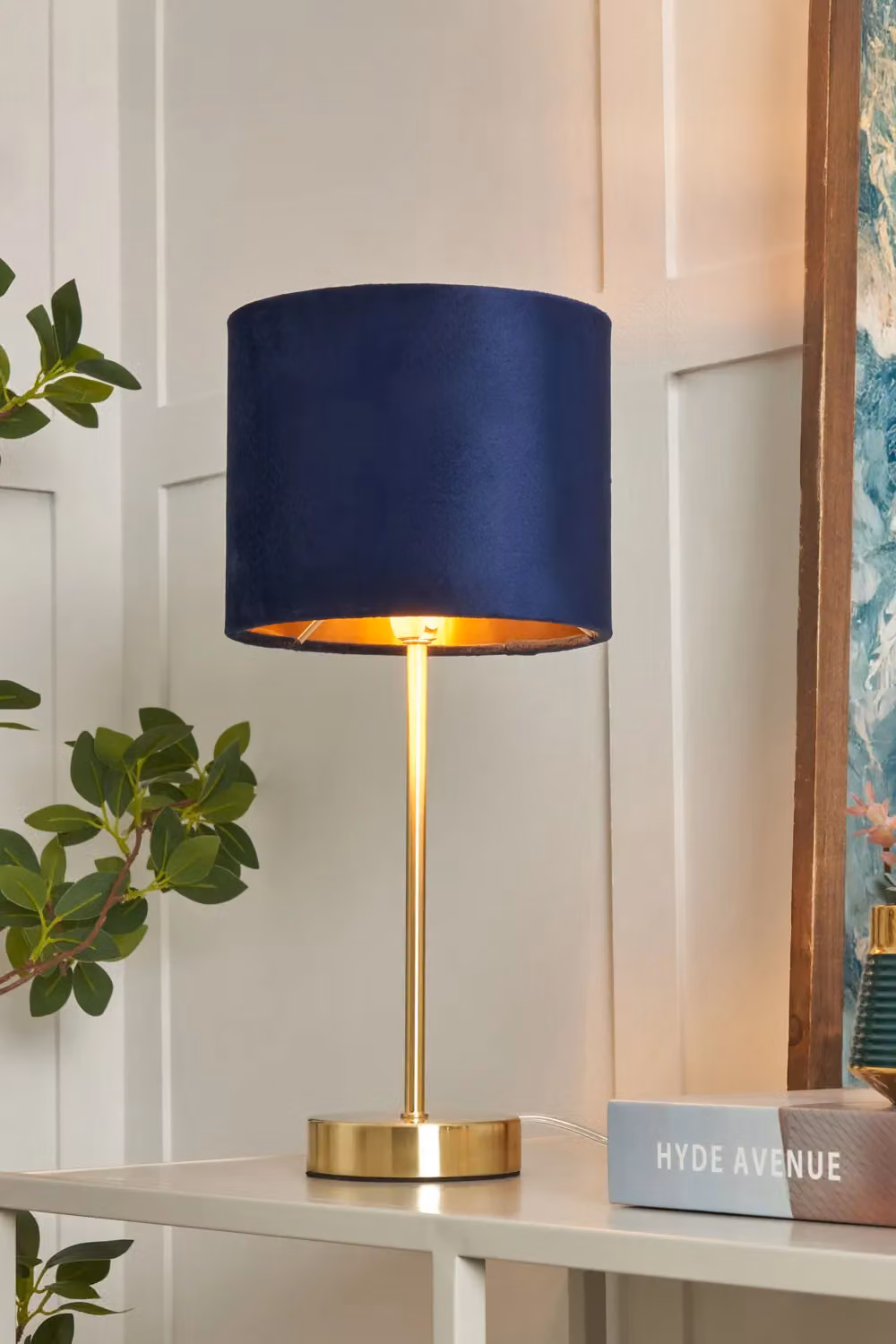 BHS Lighting Modern Blue Fabric Table Lamp with Gold Brass Base – 3