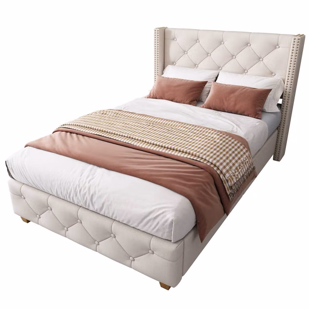 Matteo Beige Linen Upholstered Single Bed with Button Tufted Headboard W/D/H: 90 x 190 cm – 3