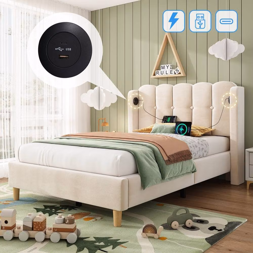 Merax Single Upholstered Velvet Bed Frame with Wingback and USB Charging Station, Beige, W/D/H: 90 x 190 cm – 4