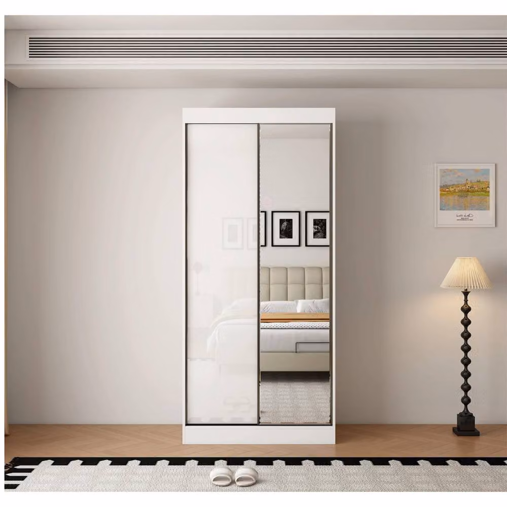 KDMD Padstow Gloss White Sliding Door Wardrobe with Mirror W: 100 cm, H: 220 cm, D: 62 cm – 2