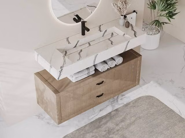 Vente-unique TAKOTNA Wall-Mounted Rectangular Washbasin in Black Solid Surface with White Marble Effect – 1