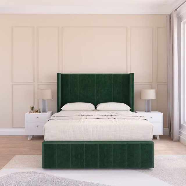Sloomy Melbourne Upholstered Wingback Bed Set in Emerald Green Plush Velvet, Double Size