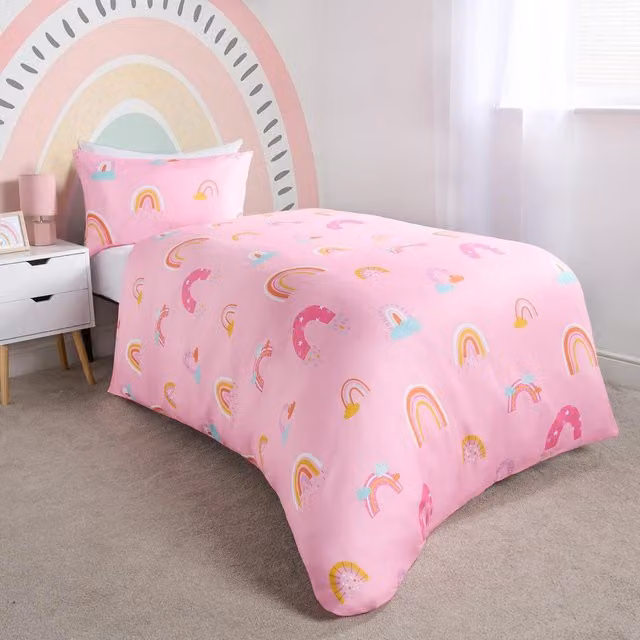 OHS Reversible Graphic Rainbow Childrens Duvet Set, Pink, 90 x 190 cm