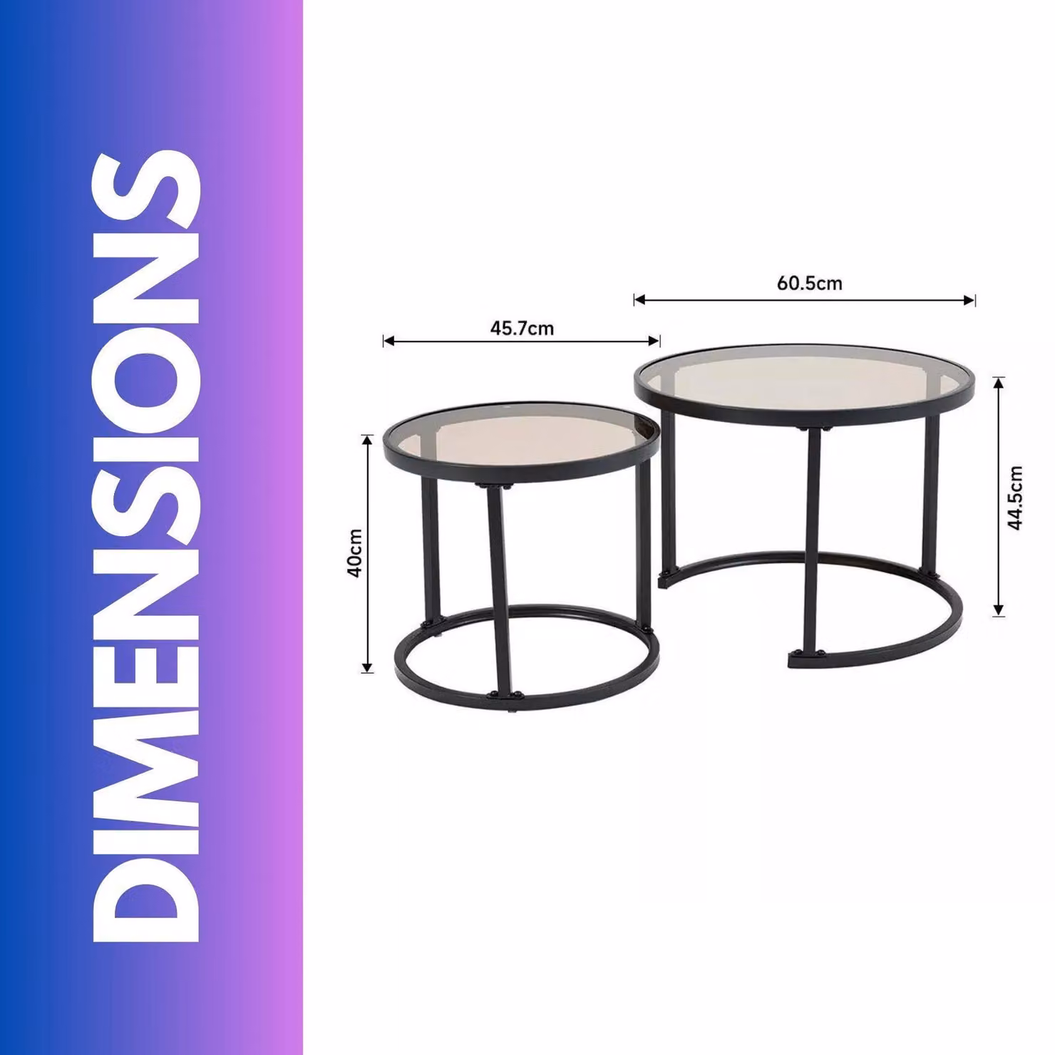 FURNOS Set of 2 Round Nesting Tables with Black Tempered Glass Tops – 4