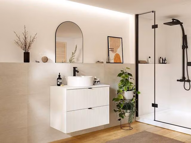 ZEVINI Minimalist White Striated Suspended Bathroom Cabinet with Matt Ceramic Round Above Counter Basin W/D/H: 60 x 47 x 80 cm – 1
