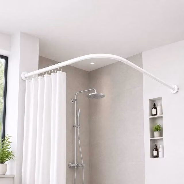 FLAVORA L-Shape White Metal Shower Curtain Rail Pole, W: 100 cm, D: 40 cm – 1