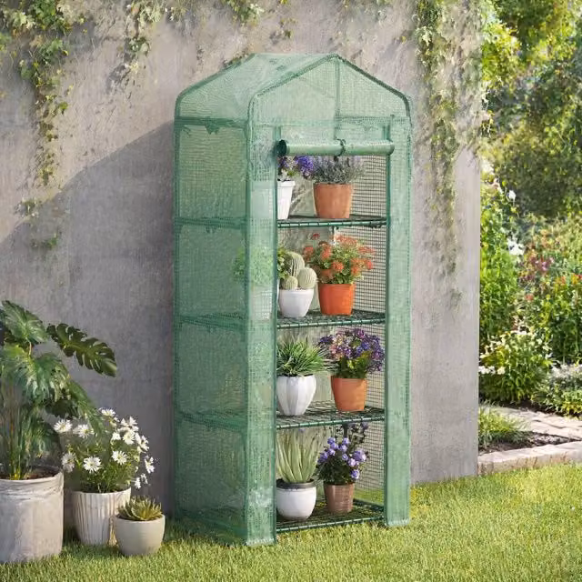 STILVORA 4 Tier Green Greenhouse with Roll-Up Door, H 160 x W 70 x D 50 cm