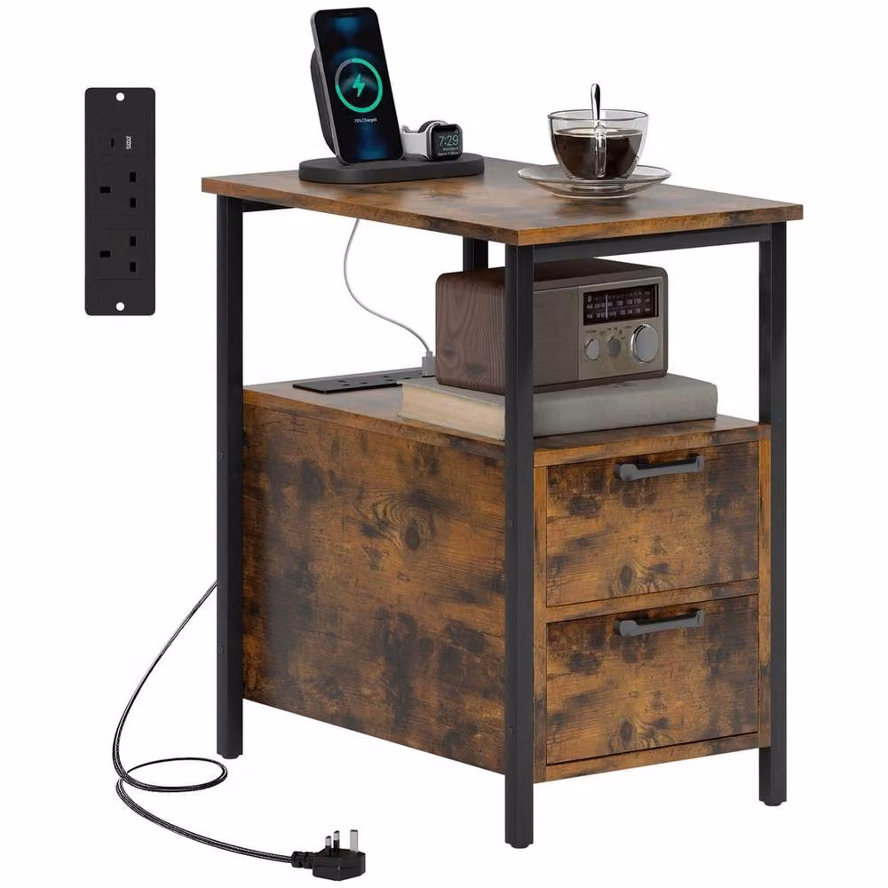 FORGEVIO Rustic Brown Side Table with Charging Station, 2 Drawers and Shelf – 5