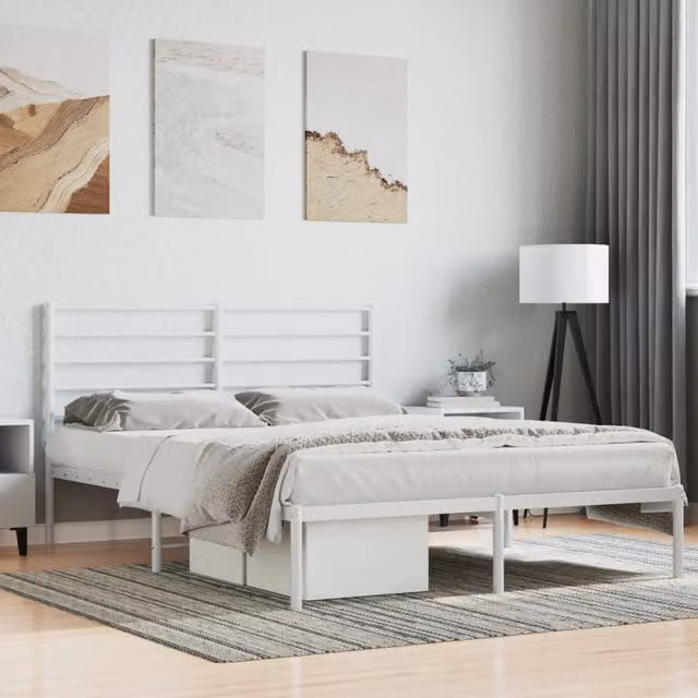 Berkfield Home Metal Bed Frame with Headboard in White, W: 135 cm x L: 190 cm – 1
