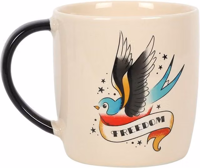 KDMK Ceramic Freedom Tattoo Sparrow Mug in White and Multicolour