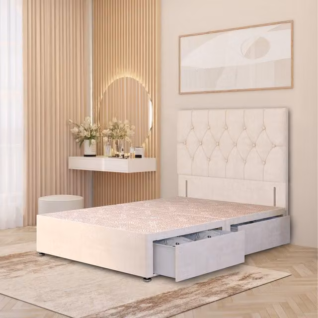 Somnior Beds Ltd Chesterfield Velvet Divan Bed Base with Drawers and Floor Standing Headboard, Yellow, W/D: 180 x 200 cm