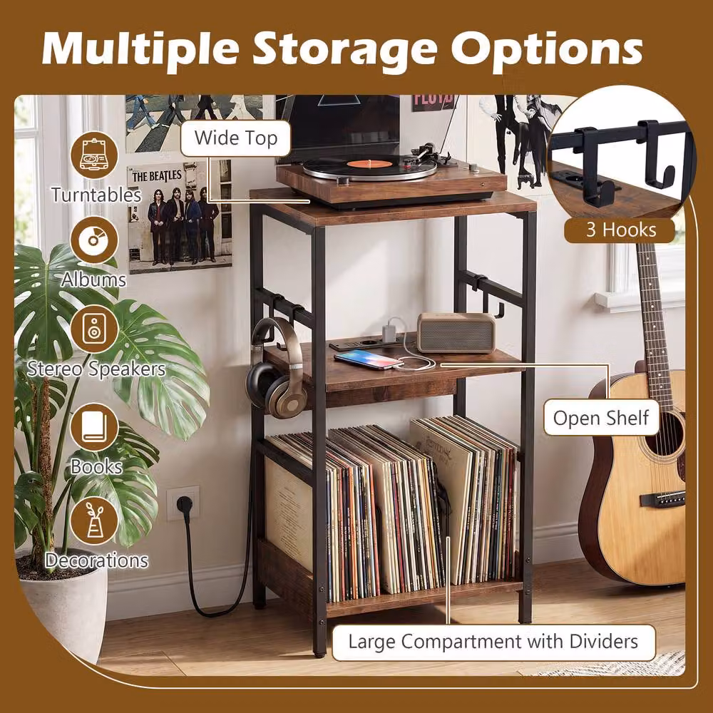 Gymax 3-tier Turntable Stand Vinyl Storage Table with Charging Station in Brown – 7