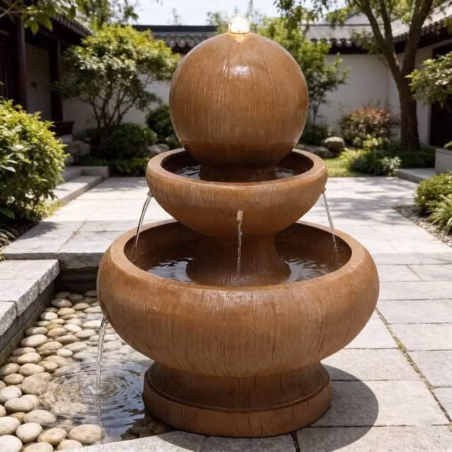 Living and Home Electric Cascade Garden Fountain with LED Light, Brown, H 70 cm x W 52 cm x D 52 cm