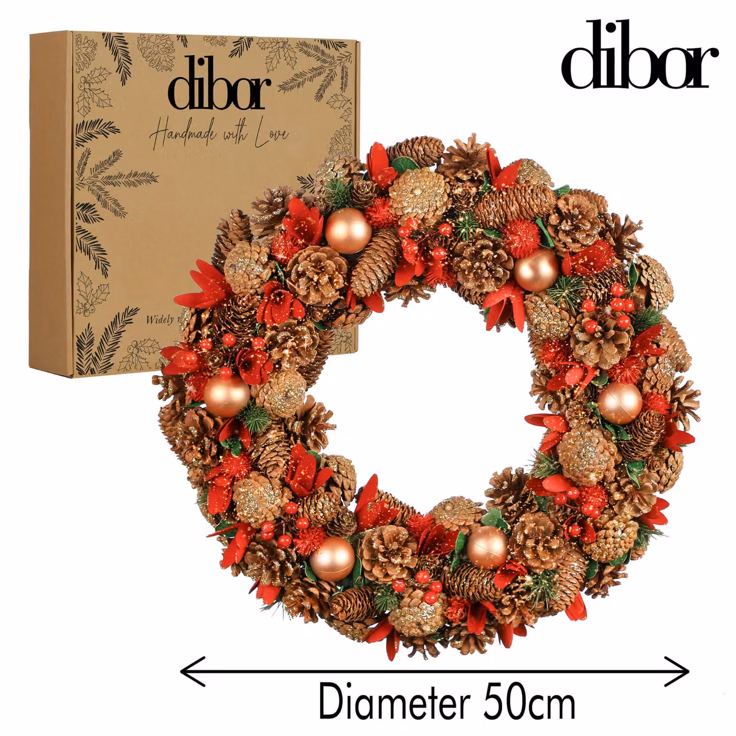 Dibor Giant Canterbury Christmas Front Door Wreath in Red, Gold, Green and Multicolour, Diameter: 50 cm – 5
