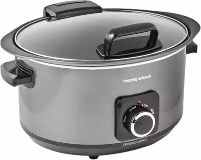 Morphy Richards Sear and Stew Slow Cooker with Hinged Lid, 6.5L, Black and Grey Stainless Steel
