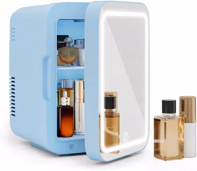 FLAVORA Portable 4L Mini Fridge and Tabletop Cooler Warmer with Mirror LED Light in Blue – 1