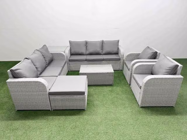 Fimous PE Rattan High Back Lounge Sofa Set in Light Grey with 3 Seater Sofa, Reclining Chair, Ottoman and Coffee Table